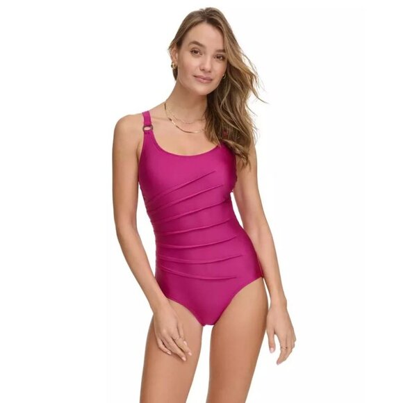 Calvin Klein One-Piece Swimsuit Berry Starburst Pleats Swimwear Slim Waist 4 - Picture 1 of 4